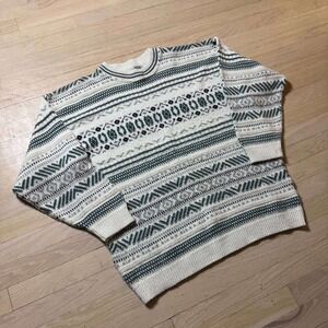 Vintage Tip Top Tailors Mens XL Fair Isle Knit Sweater Green Cream Canada made